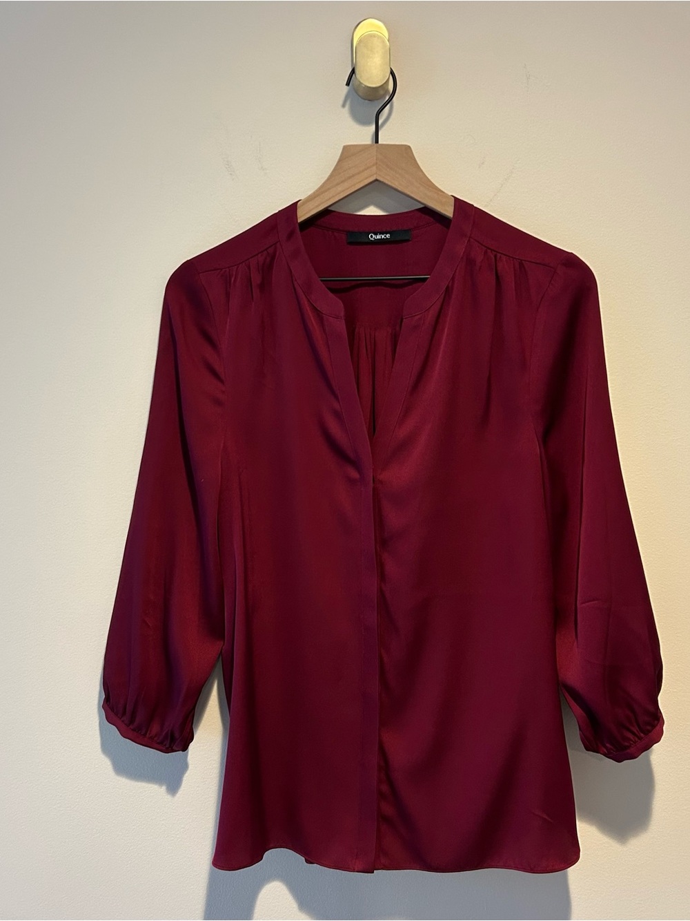 Quince Women's Silk Blouse Deep Burgundy Split-Neck Size L